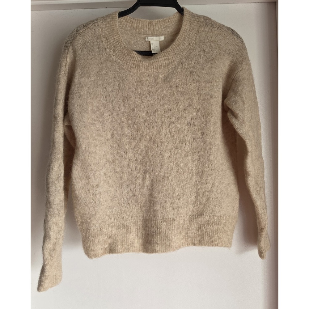 H&M Womens Mohair Wool Blend Sweater S Beige Solid Round Neck Pullover Top
